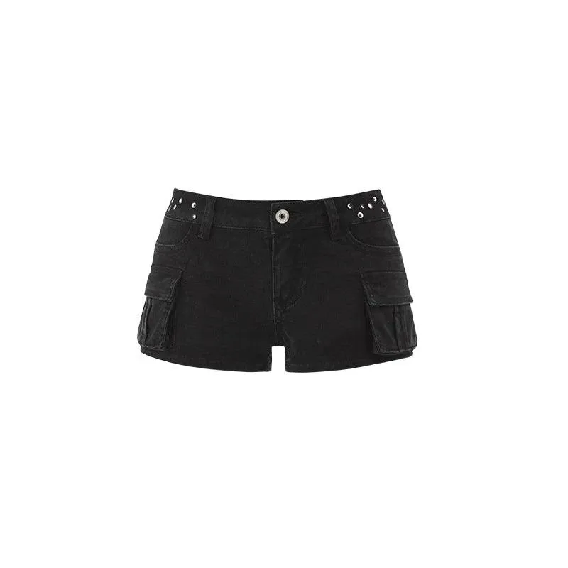 1Jinn Studded Cargo Shorts - Women'S Low-Rise Mini Shorts With Side Pockets