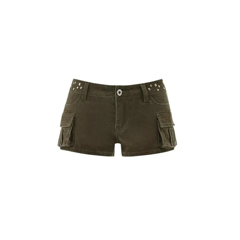 1Jinn Studded Cargo Shorts - Women'S Low-Rise Mini Shorts With Side Pockets