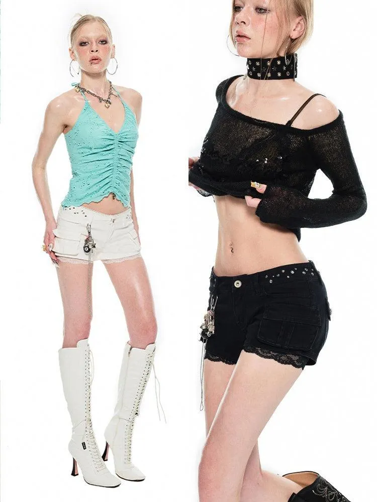 1Jinn Studded Cargo Shorts - Women'S Low-Rise Mini Shorts With Side Pockets