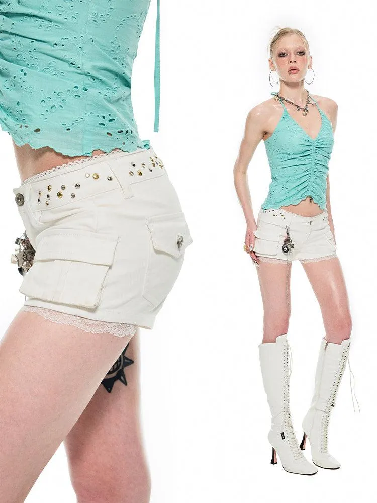 1Jinn Studded Cargo Shorts - Women'S Low-Rise Mini Shorts With Side Pockets