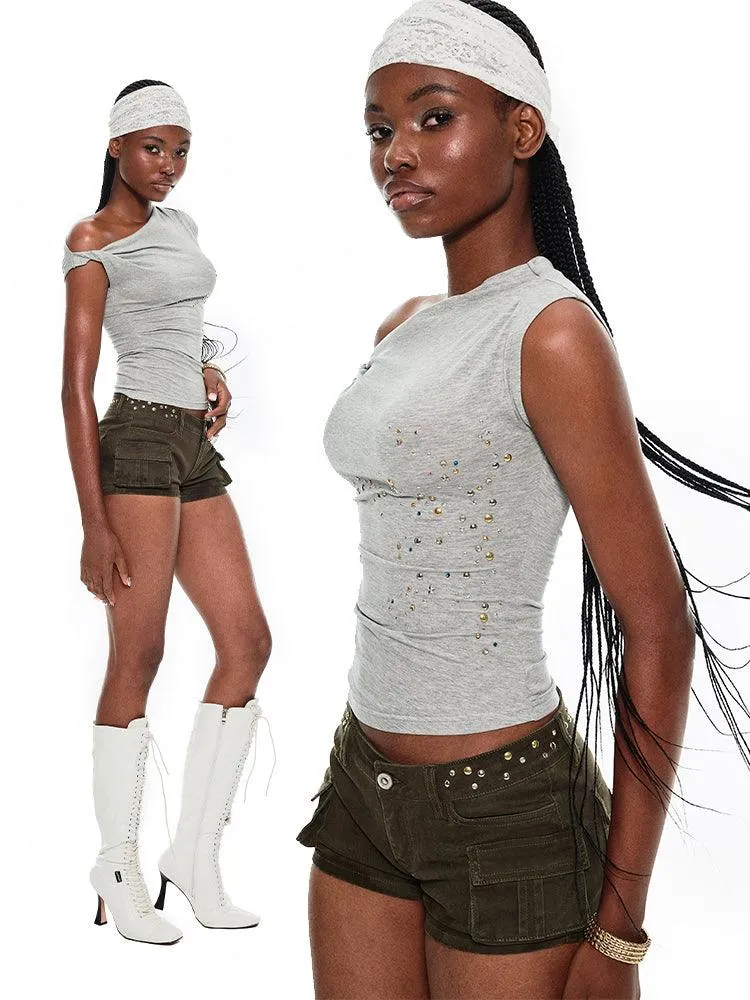 1Jinn Studded Cargo Shorts - Women'S Low-Rise Mini Shorts With Side Pockets
