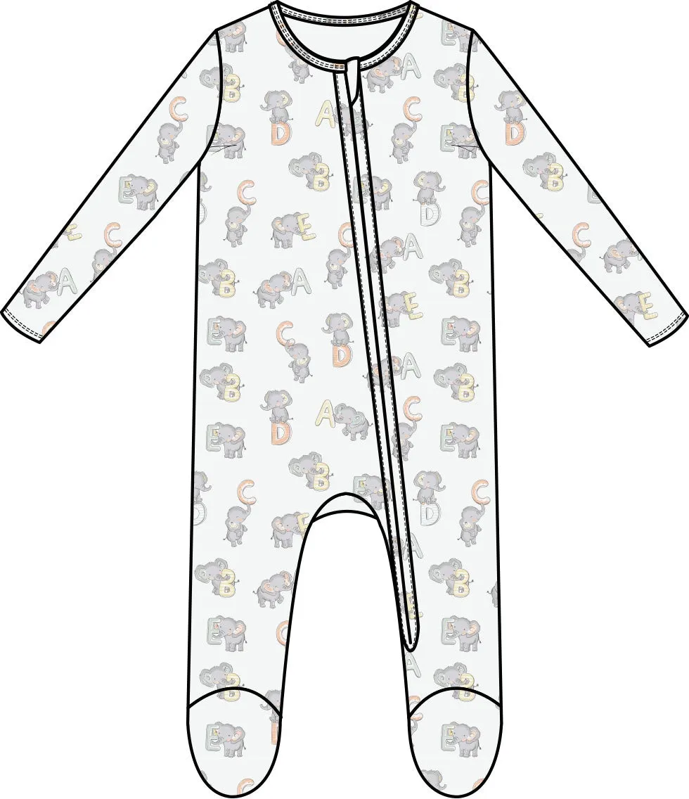 2 Way Zipper Ruffle Footie - Vintage Elephant ABC