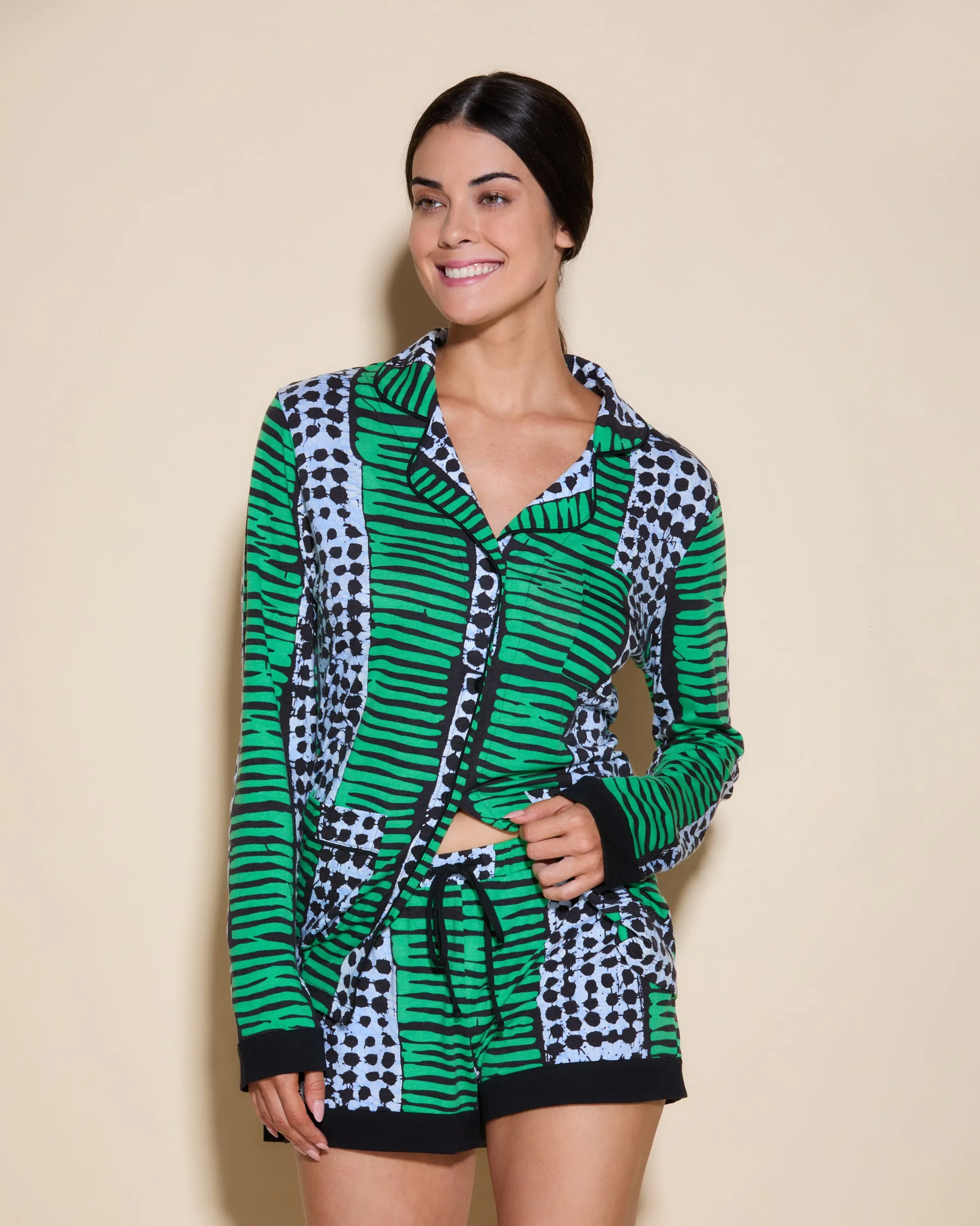 3 Pockets Long Sleeve Top & Boxer Pajama Set