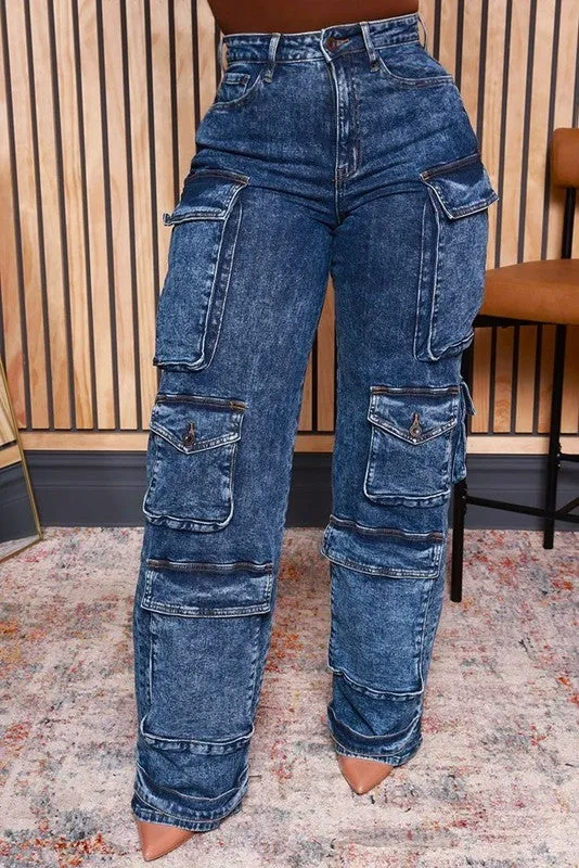 Acid Wash Cargo Jean with Multiple Pockets
