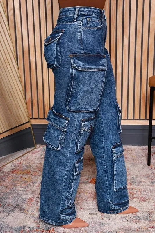 Acid Wash Cargo Jean with Multiple Pockets