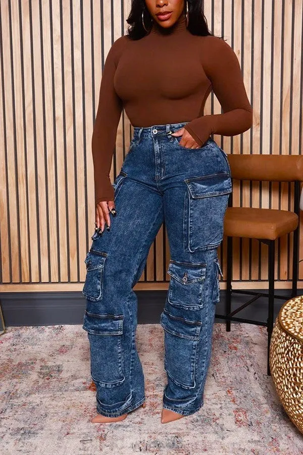 Acid Wash Cargo Jean with Multiple Pockets