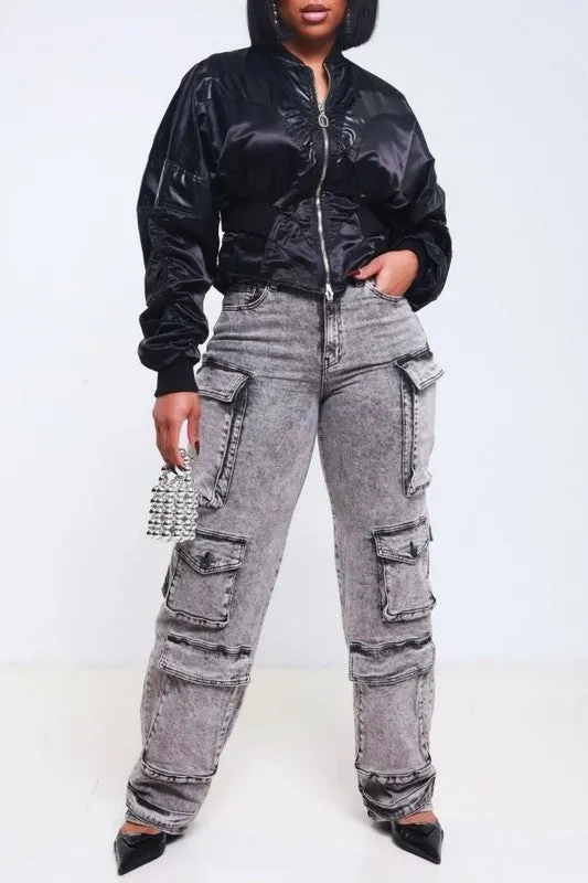 Acid Wash Cargo Jean with Multiple Pockets