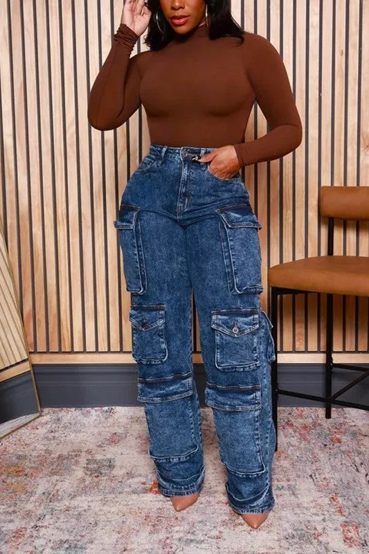 Acid Wash Cargo Jean with Multiple Pockets