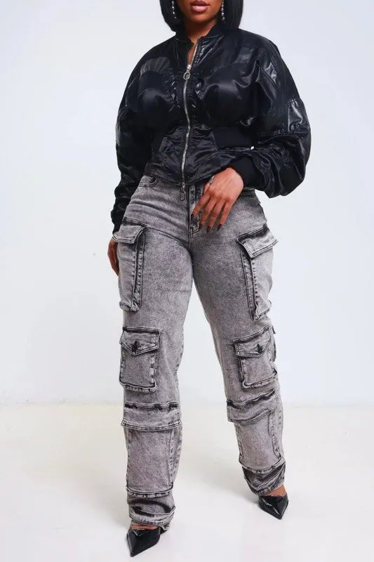 Acid Wash Cargo Jean with Multiple Pockets
