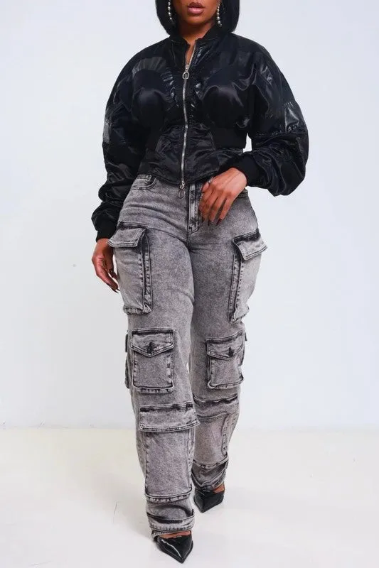 Acid Wash Cargo Jean with Multiple Pockets