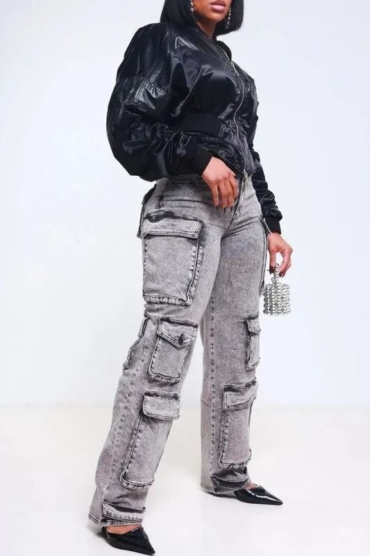 Acid Wash Cargo Jean with Multiple Pockets