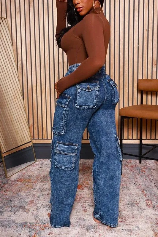 Acid Wash Cargo Jean with Multiple Pockets