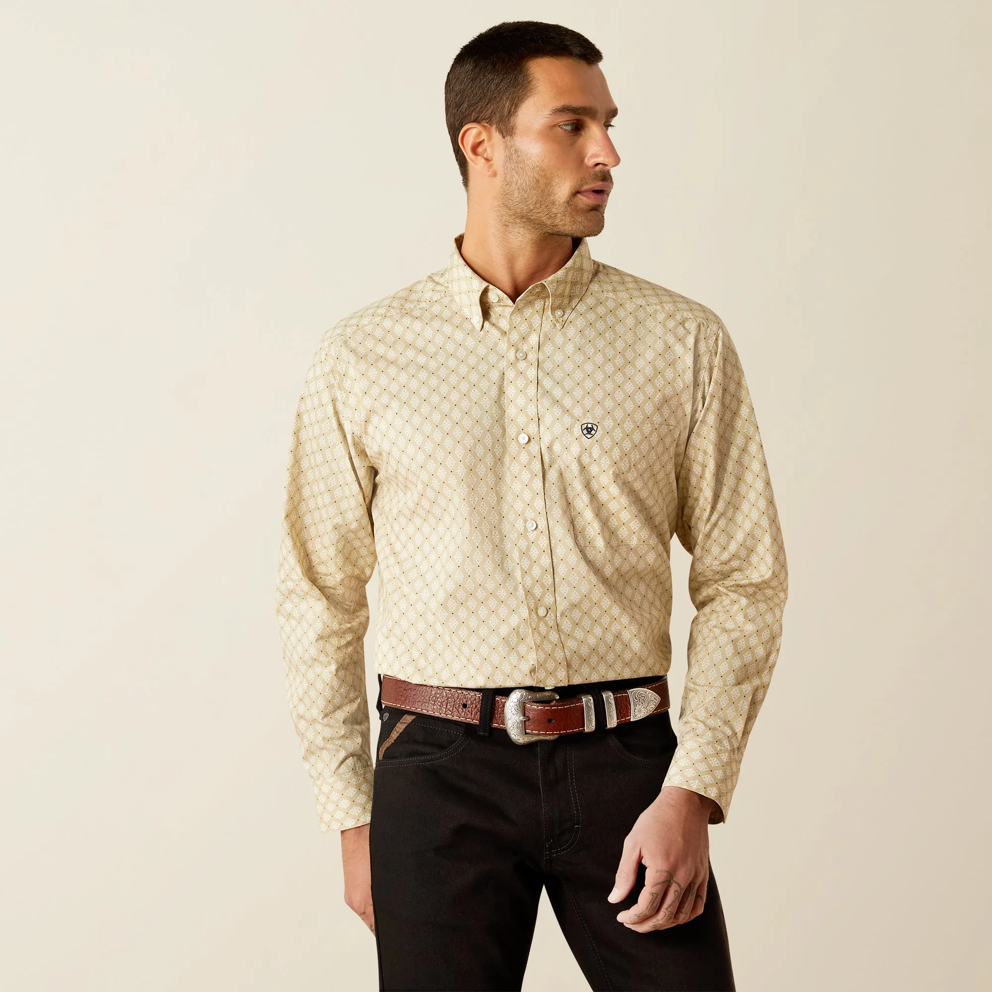 Ariat Conley Classic Fit Khaki Geometric Print Button-Down Shirt for Men