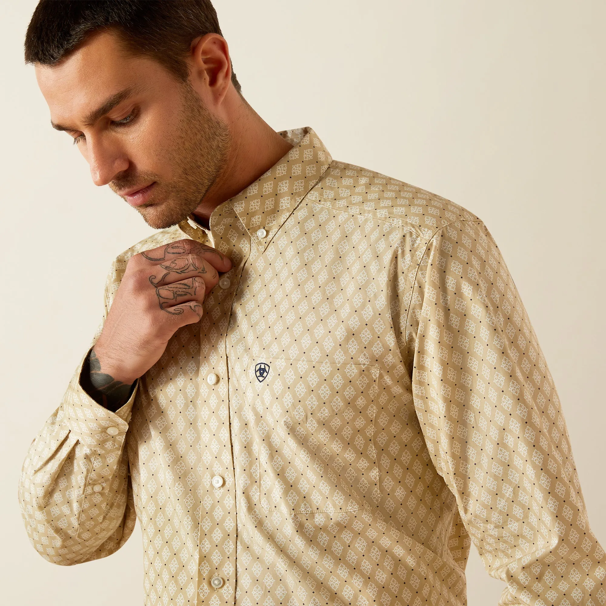 Ariat Conley Classic Fit Khaki Geometric Print Button-Down Shirt for Men