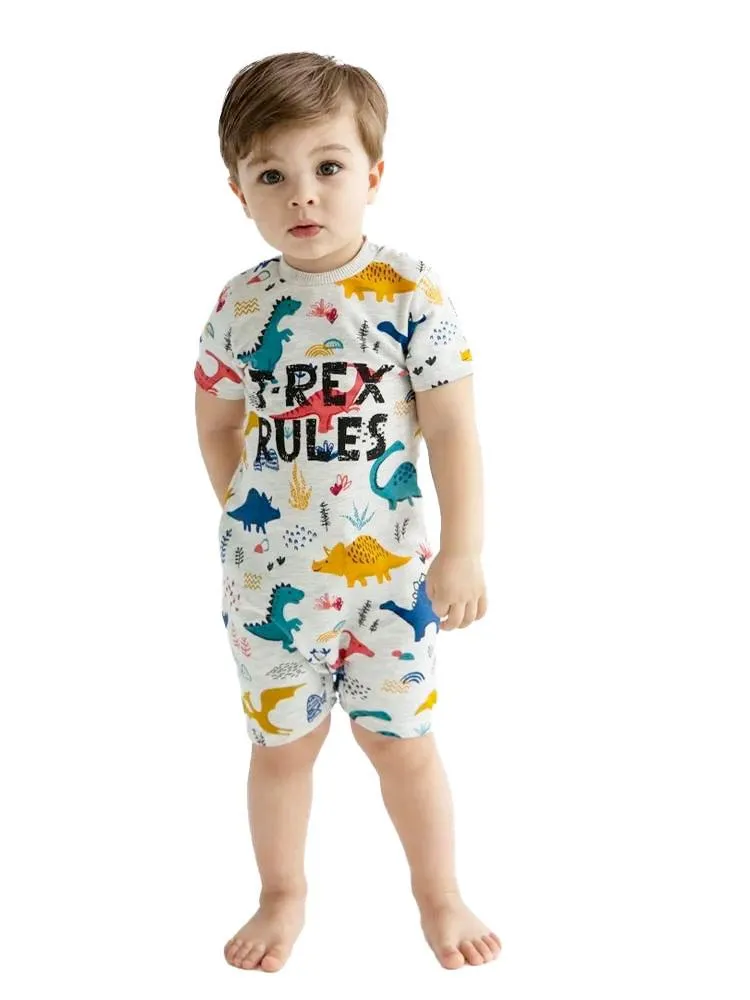 Artie - T Rex Rules Dino Multicoloured Baby Boy French Terry Romper - 0 to 24 months