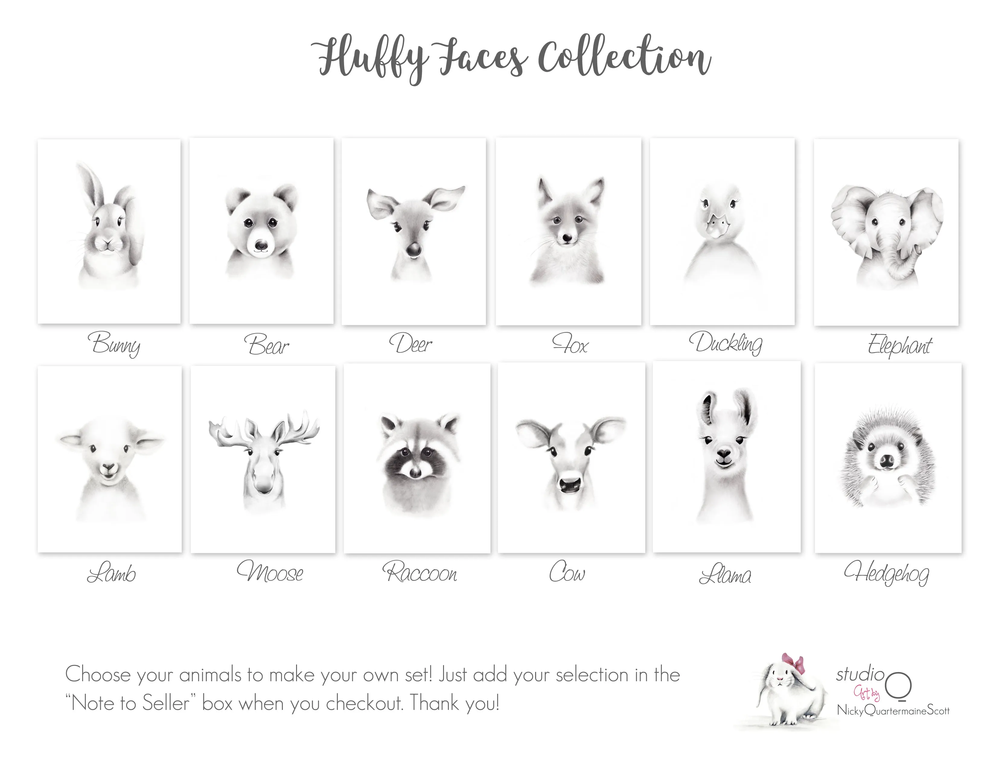 Baby Animal Sketch Prints - Set of 4