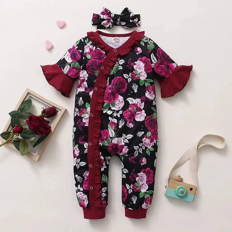 Baby Girls Rose Floral Ruffle Short Sleeve Jumpsuit   Headband