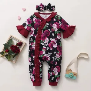 Baby Girls Rose Floral Ruffle Short Sleeve Jumpsuit   Headband