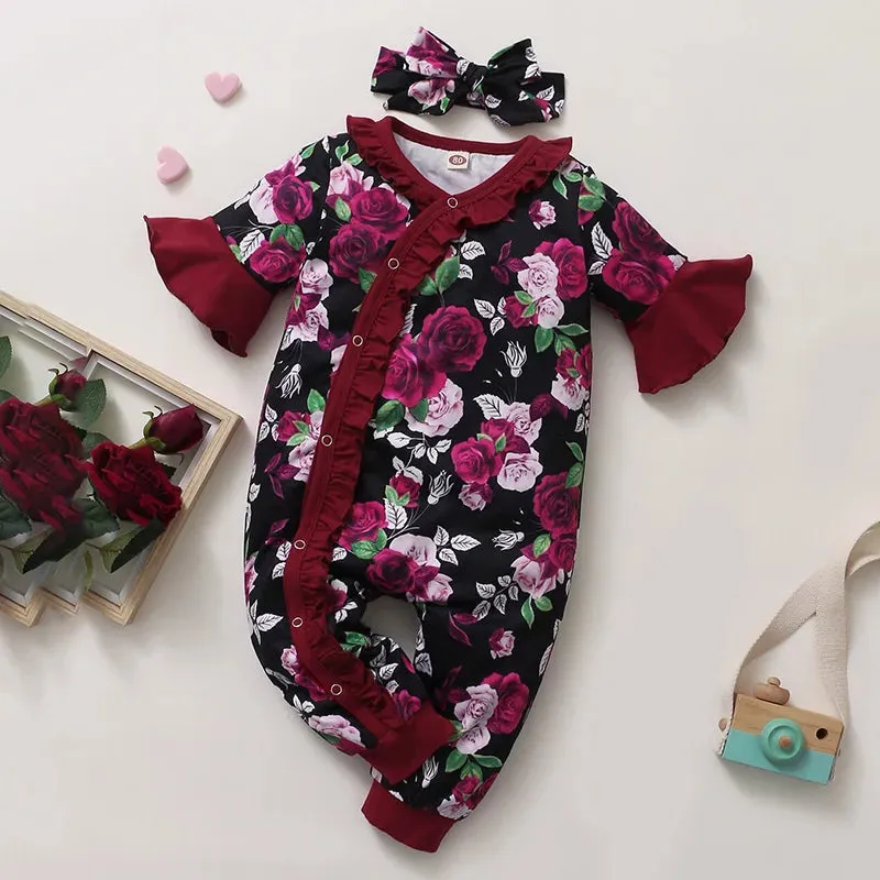 Baby Girls Rose Floral Ruffle Short Sleeve Jumpsuit   Headband