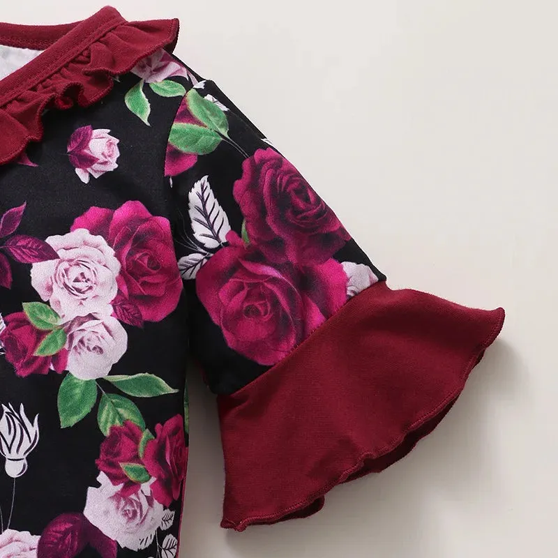 Baby Girls Rose Floral Ruffle Short Sleeve Jumpsuit   Headband