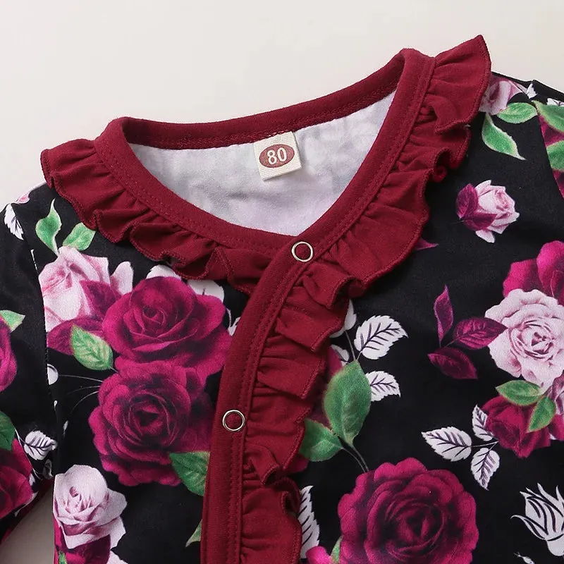 Baby Girls Rose Floral Ruffle Short Sleeve Jumpsuit   Headband