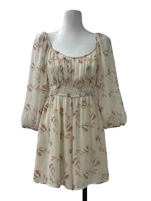 Beige Floral Pleated Puff Sleeve Romper