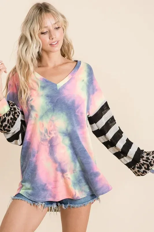 BiBi Tie Dye V Neck Top with Stripe Puff Sleeves