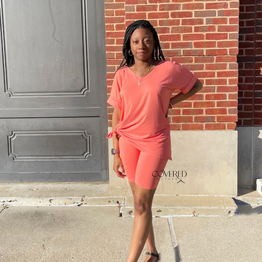 Bike Shorts and Shirt Set - Deep Coral