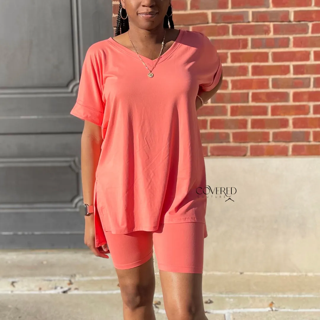 Bike Shorts and Shirt Set - Deep Coral
