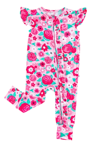 Birdie Bean Rosie Pink Floral Print Ruffle Zip Baby Romper