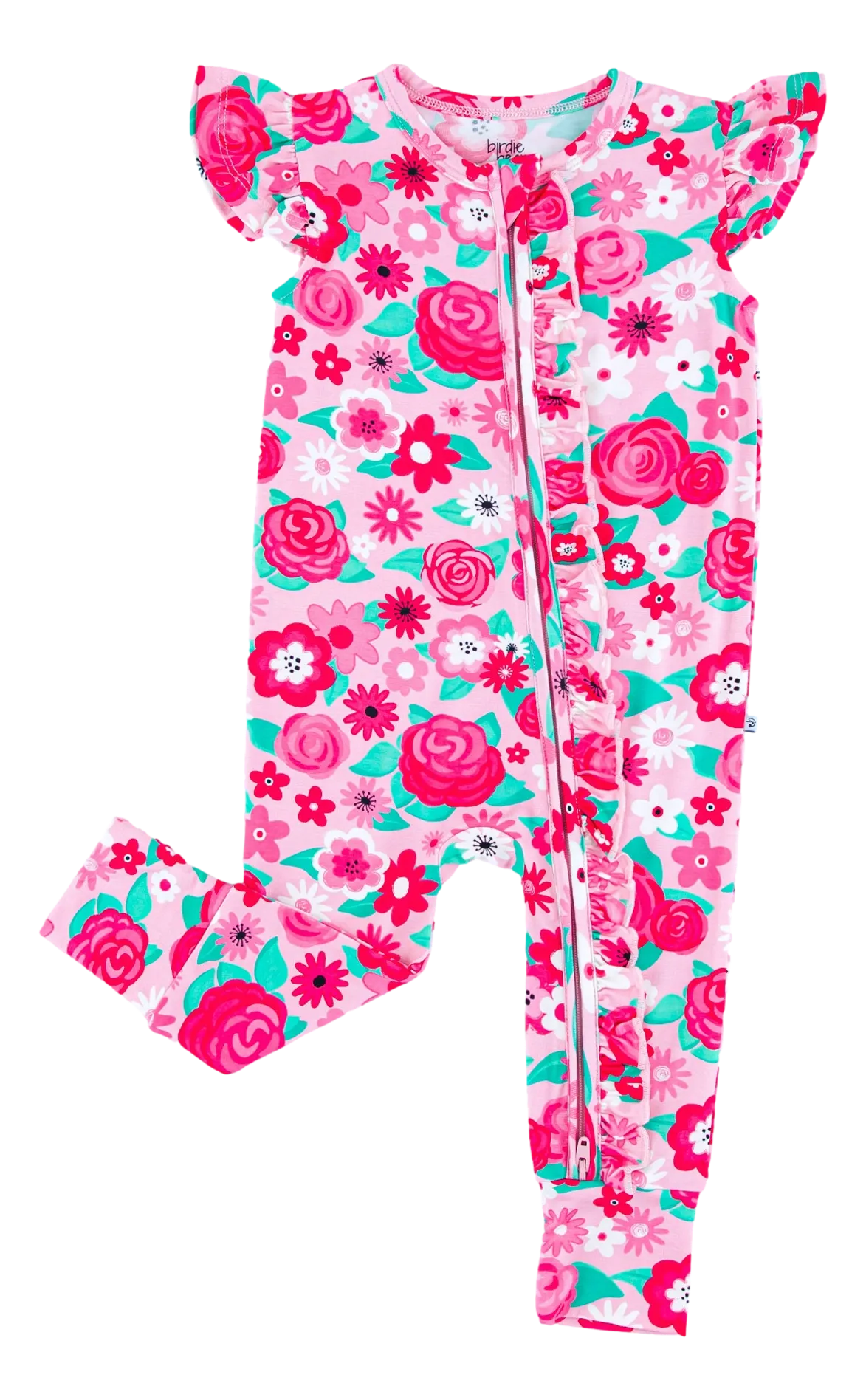 Birdie Bean Rosie Pink Floral Print Ruffle Zip Baby Romper