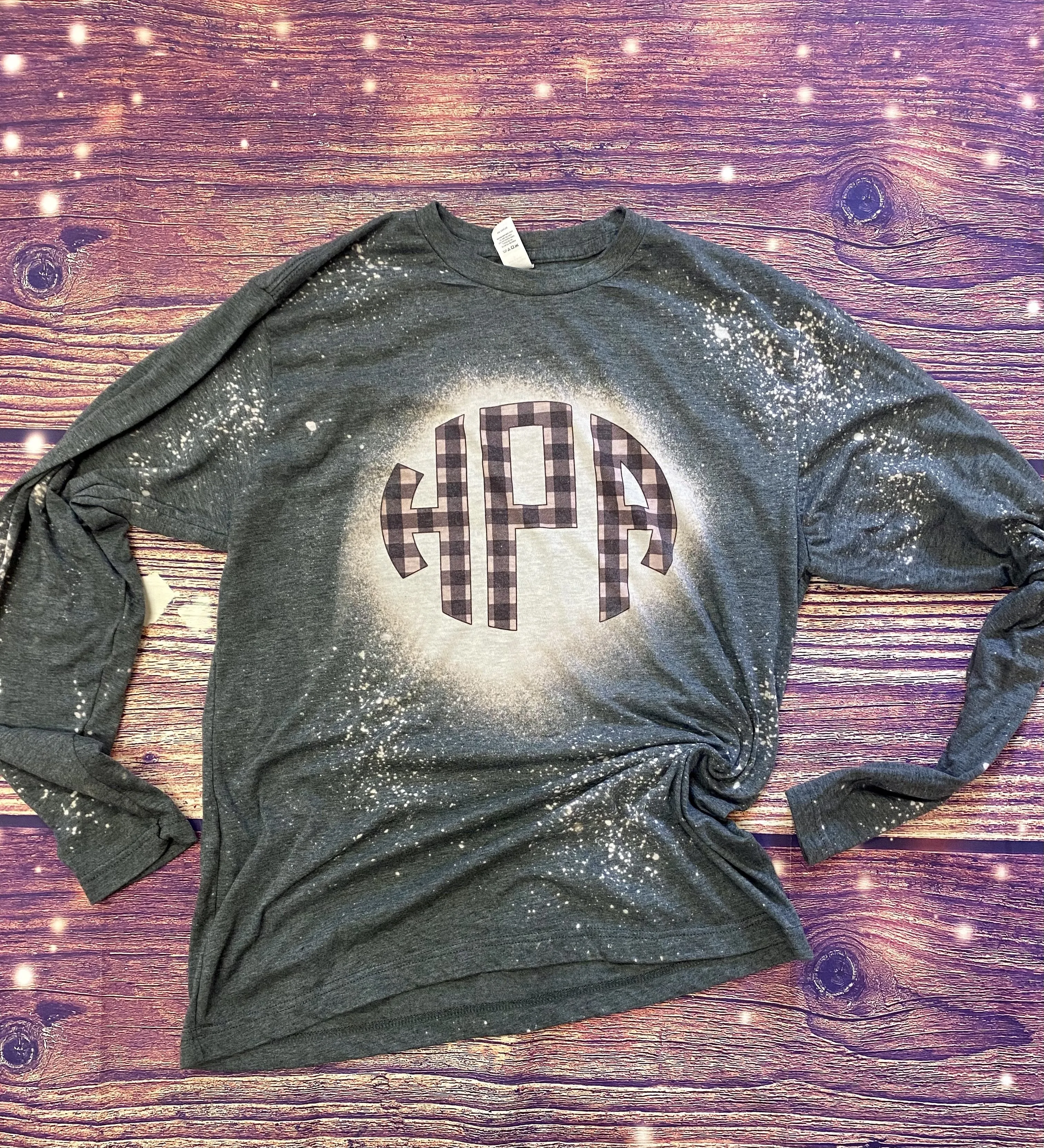 Black cream plaid monogram bleach long sleeve tee
