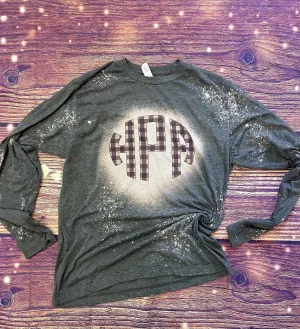 Black cream plaid monogram bleach long sleeve tee