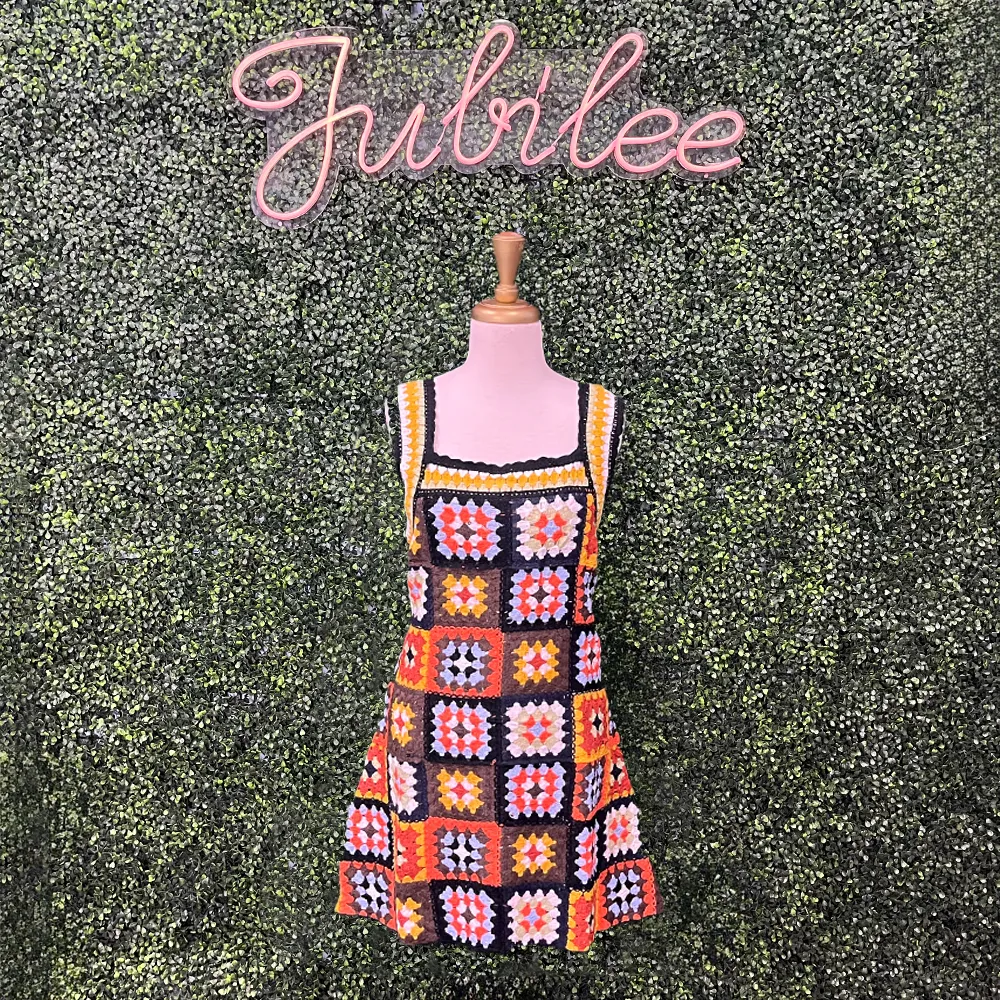Black Crochet Patchwork Short Dress