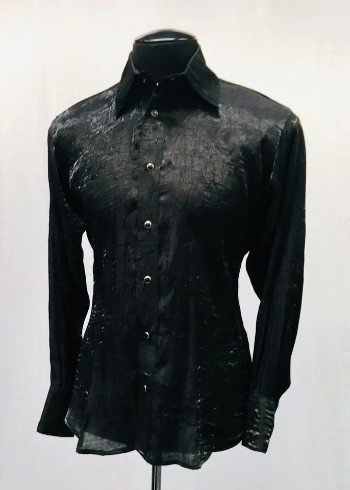 Black shimmery long sleeve button-up shirt