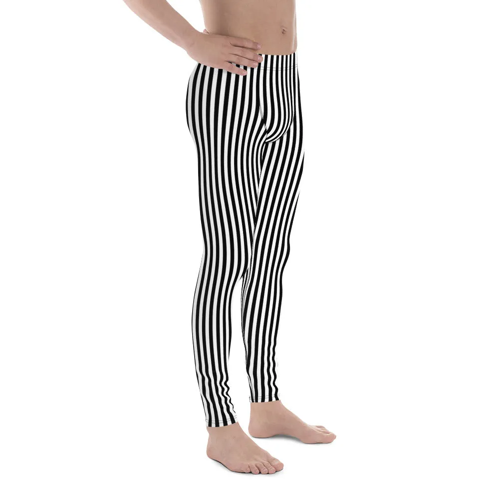 Black White Vertical Stripe Mens Leggings Yoga Stretch Pants - Saiko Studio