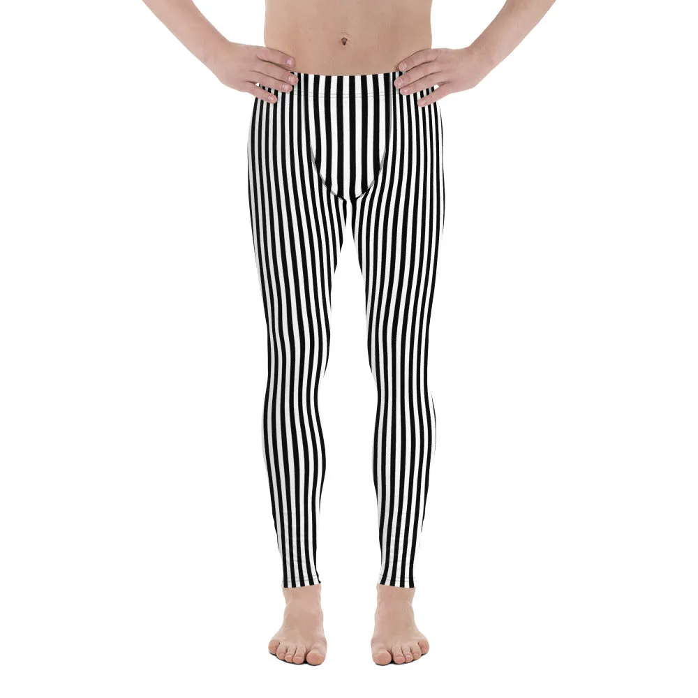 Black White Vertical Stripe Mens Leggings Yoga Stretch Pants - Saiko Studio