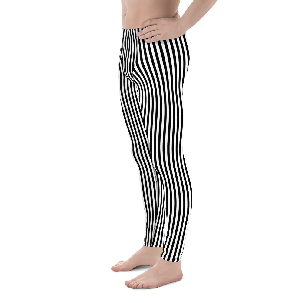 Black White Vertical Stripe Mens Leggings Yoga Stretch Pants - Saiko Studio