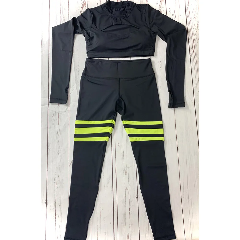 Black/Neon Yellow 3 Stripe Retro Leggings