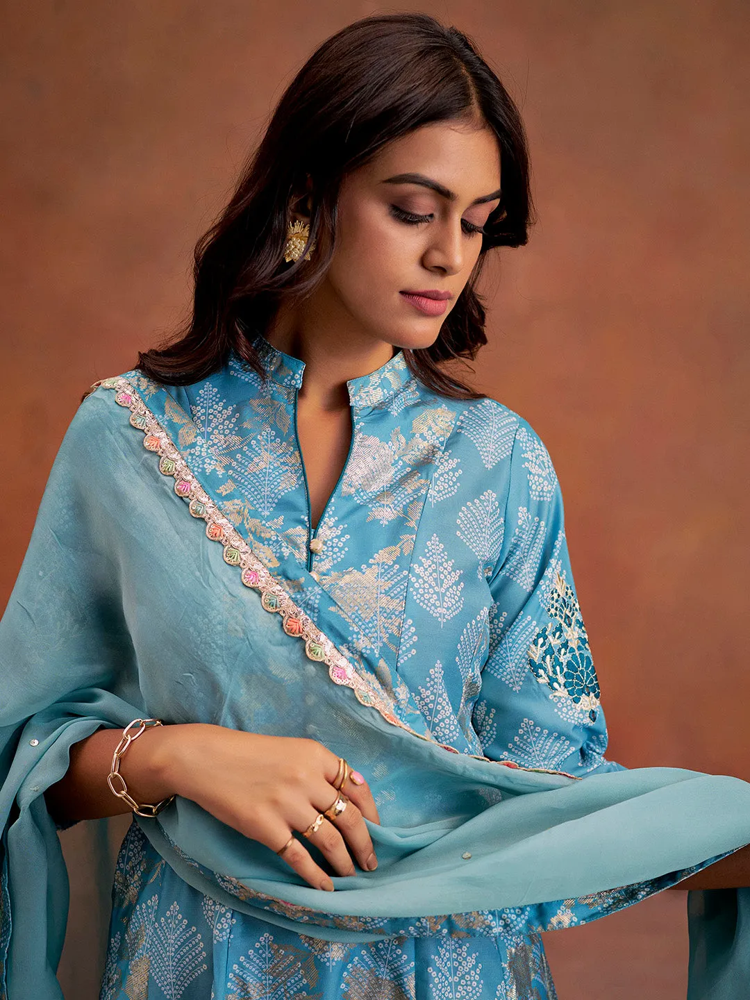 Blue Embroidered Bandhani Printed Festive Anarkali Kurta Set With Dupatta