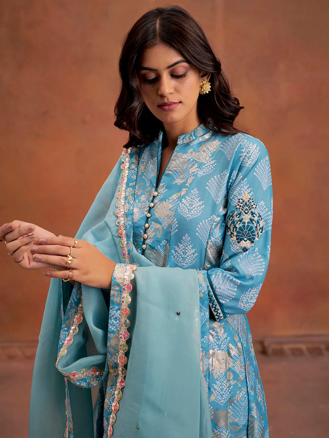 Blue Embroidered Bandhani Printed Festive Anarkali Kurta Set With Dupatta