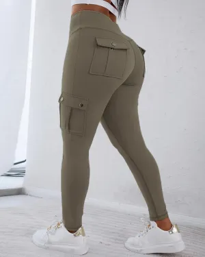Butt Lifting Leggings with Flap Pockets High Waist Tummy Control Workout Cargo Pants-ag-XXL Army Green.