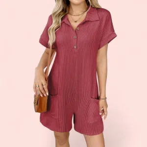 Button Detail Collared Neck Short Sleeve Romper