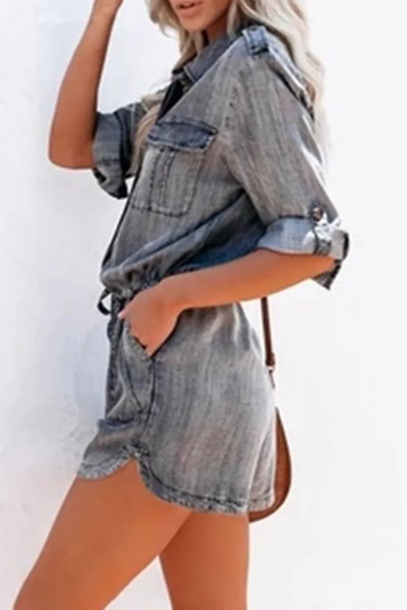 Casual Solid Turndown Collar Short Sleeve Straight Denim Jumpsuits