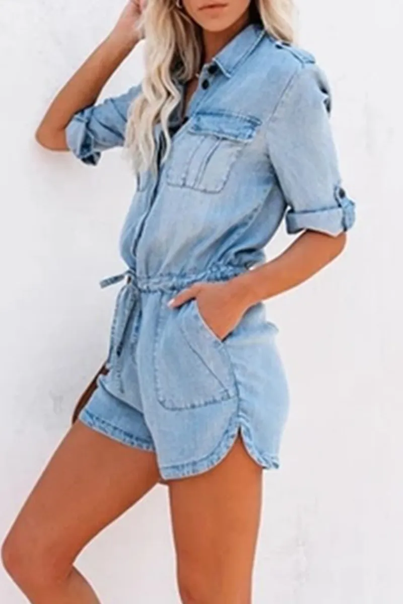 Casual Solid Turndown Collar Short Sleeve Straight Denim Jumpsuits