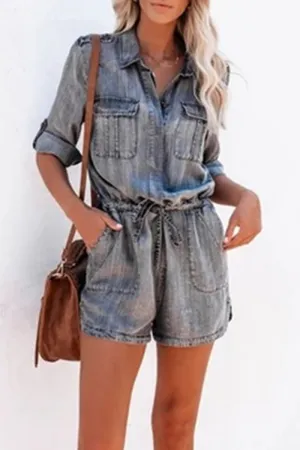 Casual Solid Turndown Collar Short Sleeve Straight Denim Jumpsuits