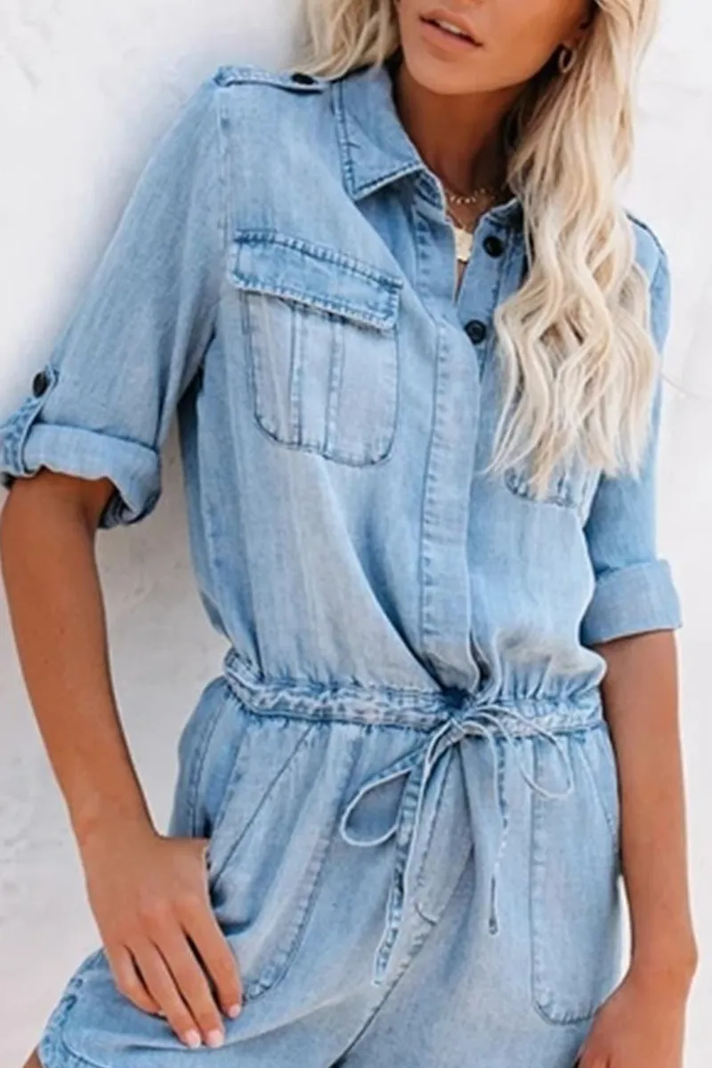 Casual Solid Turndown Collar Short Sleeve Straight Denim Jumpsuits