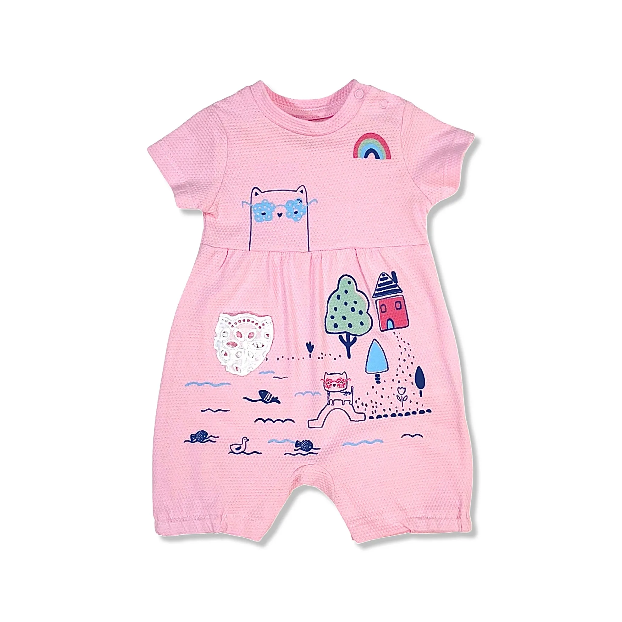 Cat and Rainbow - Short Baby Girls Romper