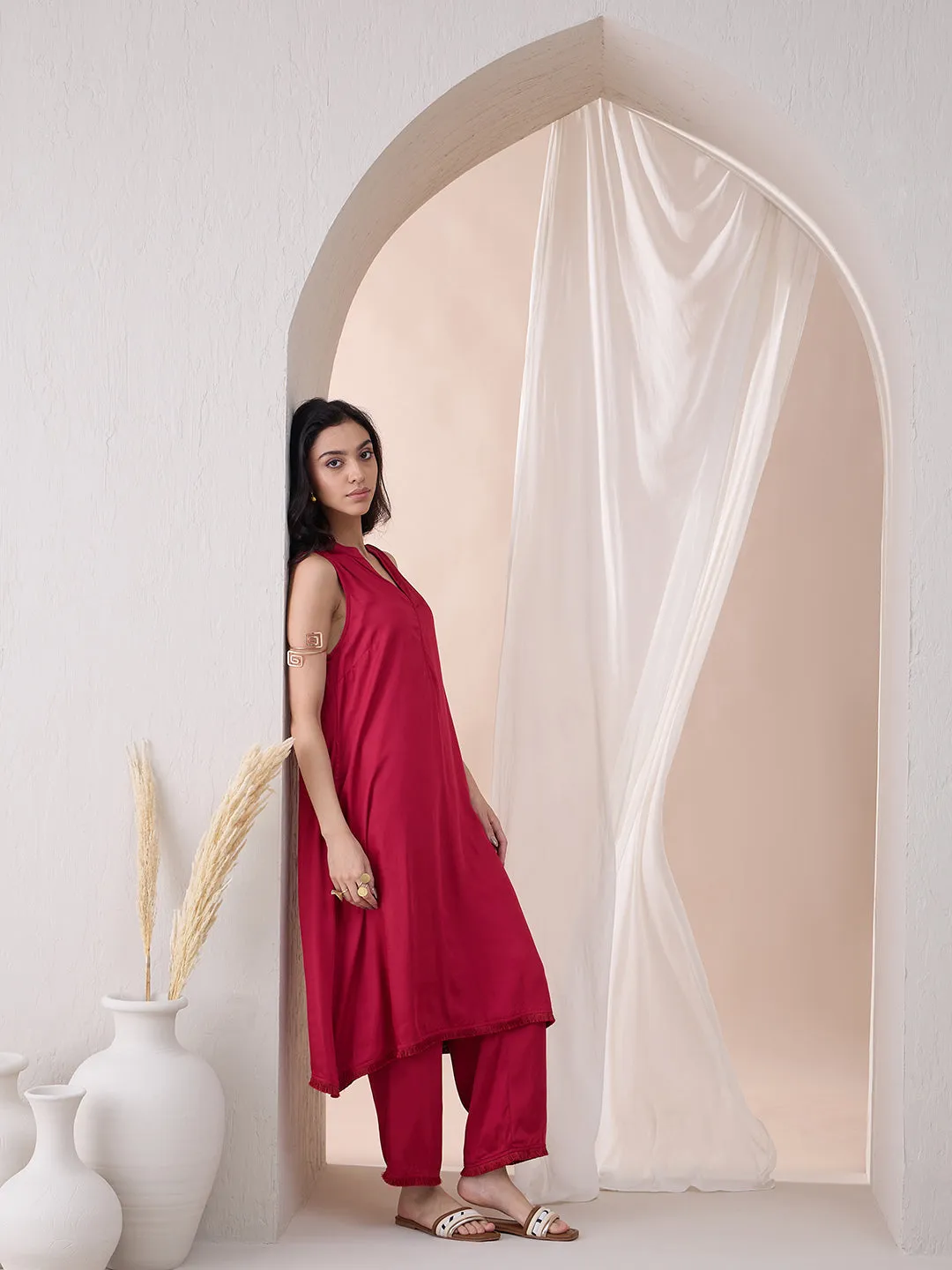 Deep Red Fringe Lace Detailing Long Kurta With Straight Pant