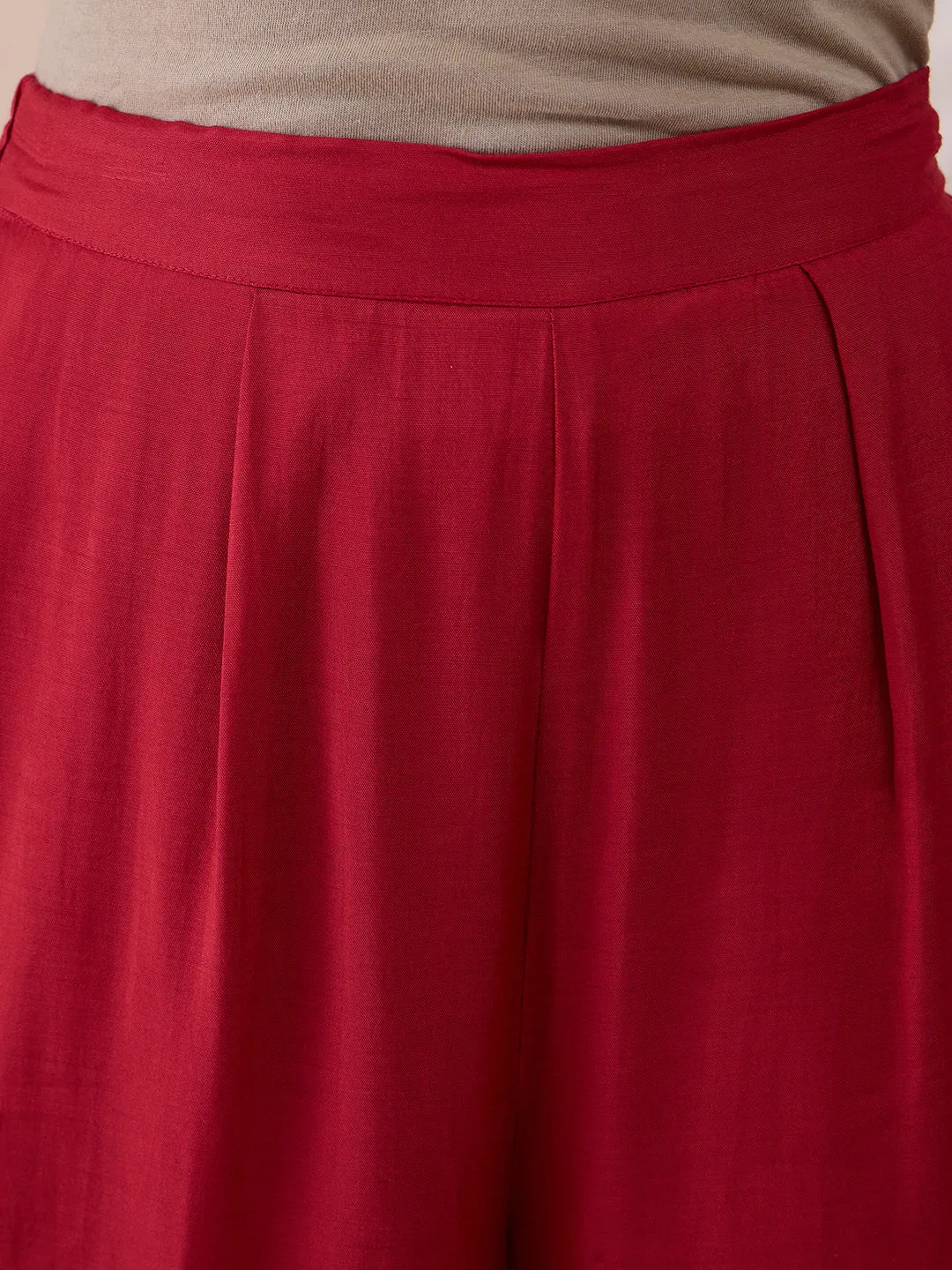 Deep Red Fringe Lace Detailing Long Kurta With Straight Pant